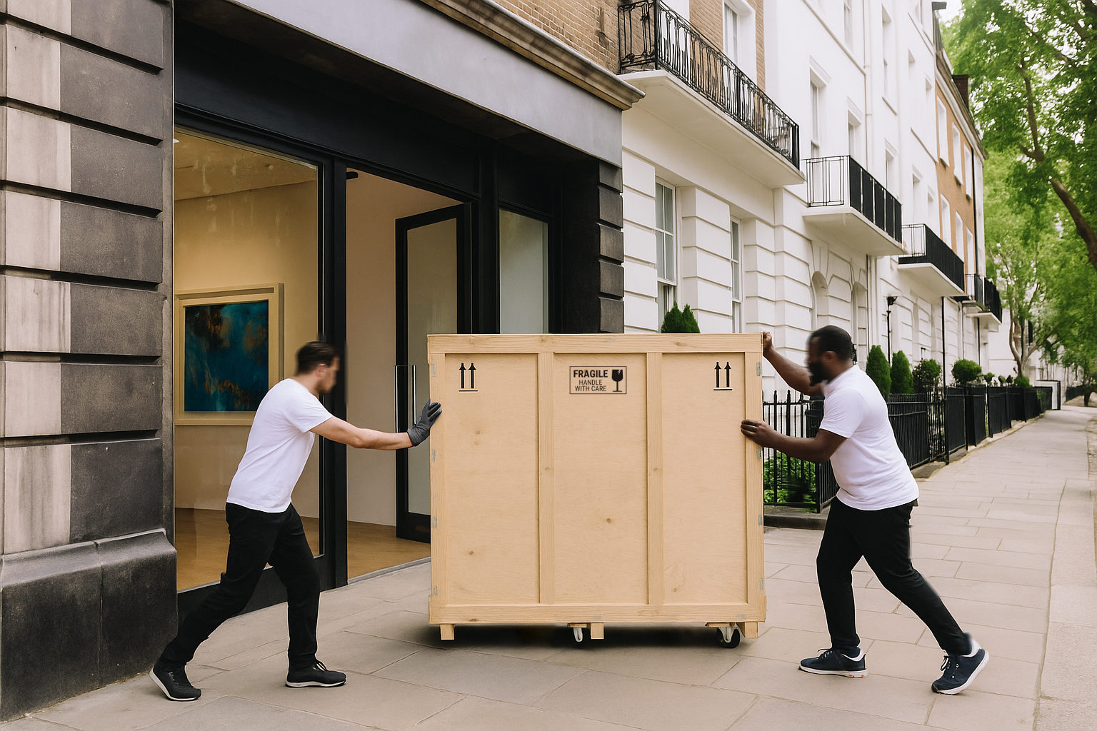 Large art crate being delivered to an art gallery.