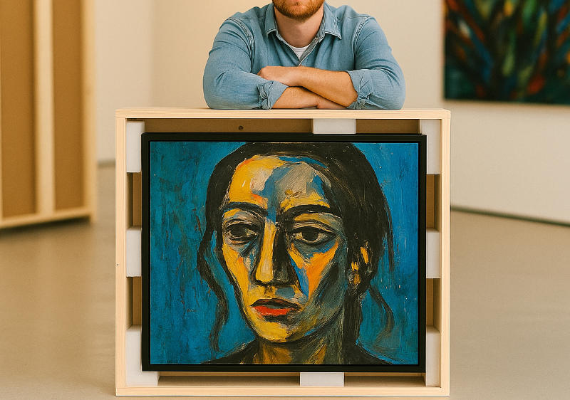 canvas art shipping crate with artist